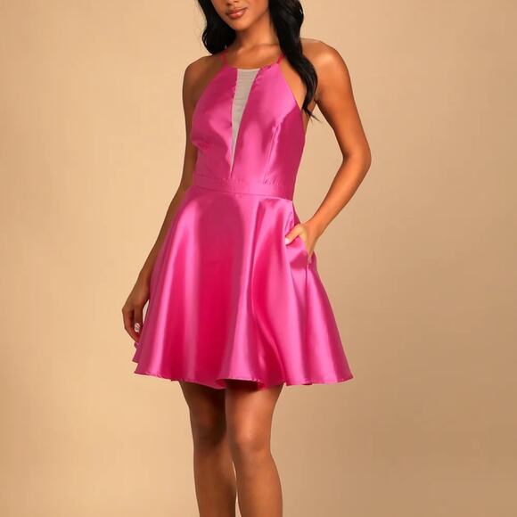 Lulus Dresses & Skirts - LULUS Take a Picture Hot Pink Satin Plunge Skater Dress with Pockets NWT Medium